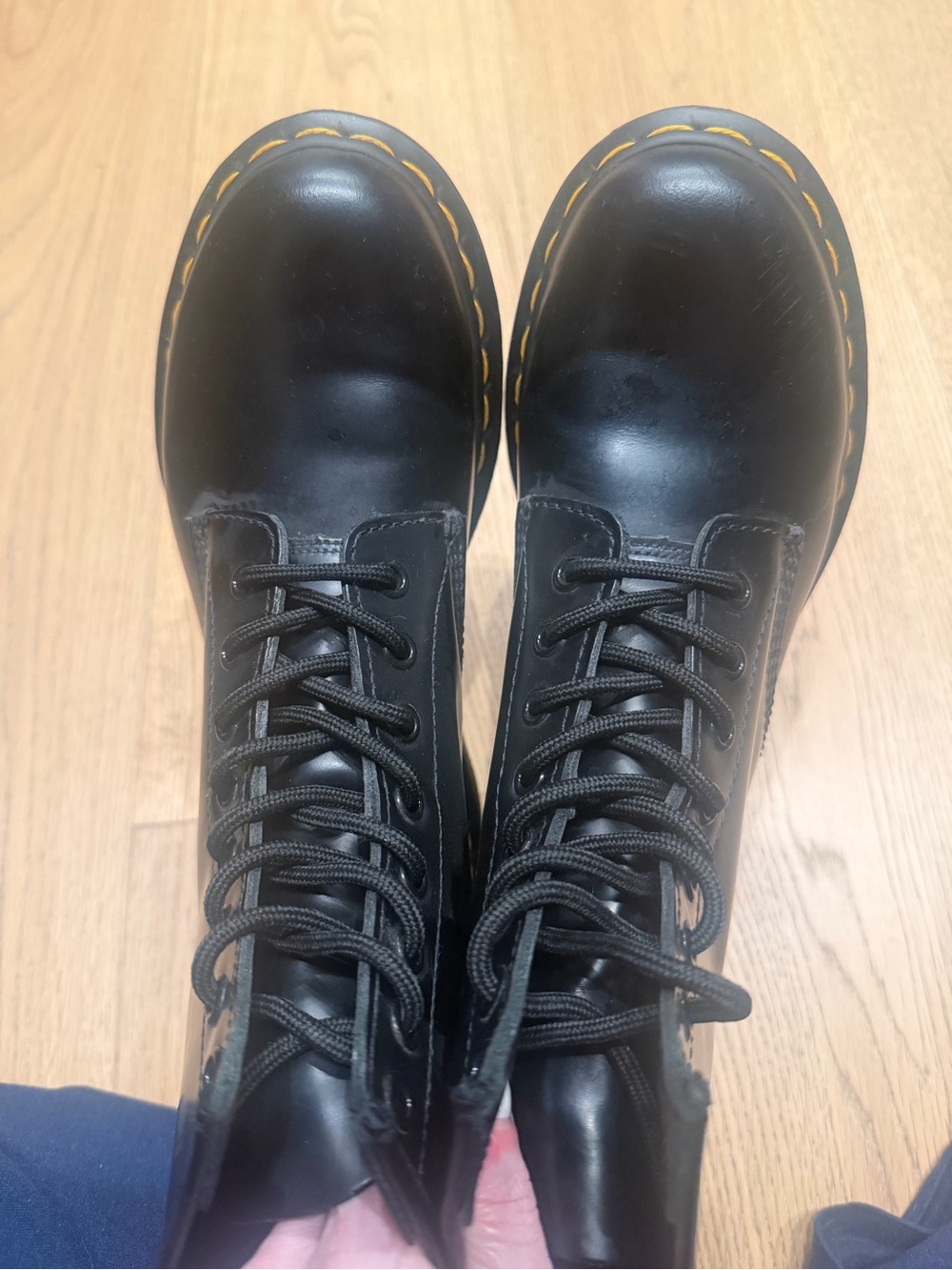 Dr. Martens Black Leather Lace-Up Platform Boots with Yellow Stitching - Picture 7 of 7